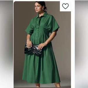 Exquise Anthropologie Midi Shirt Dress Tobie Green Pleated Preppy Size L
